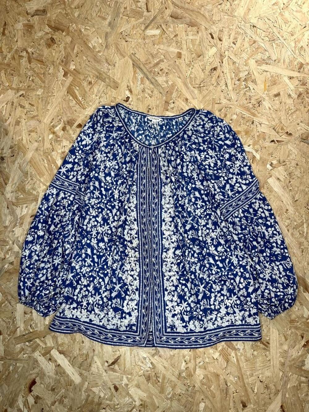 Max Studio London Womens 2X Blue White Floral Peasant Blouse Long Sleeve Top